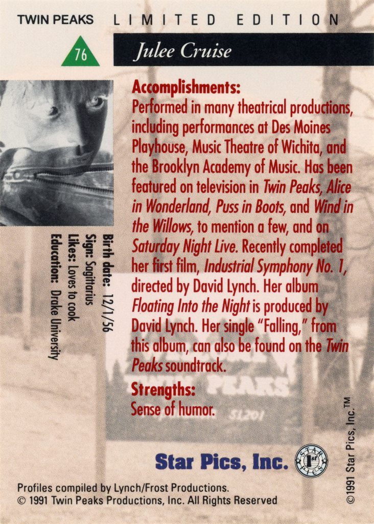 Back of Julee Cruise Star Pics trading card