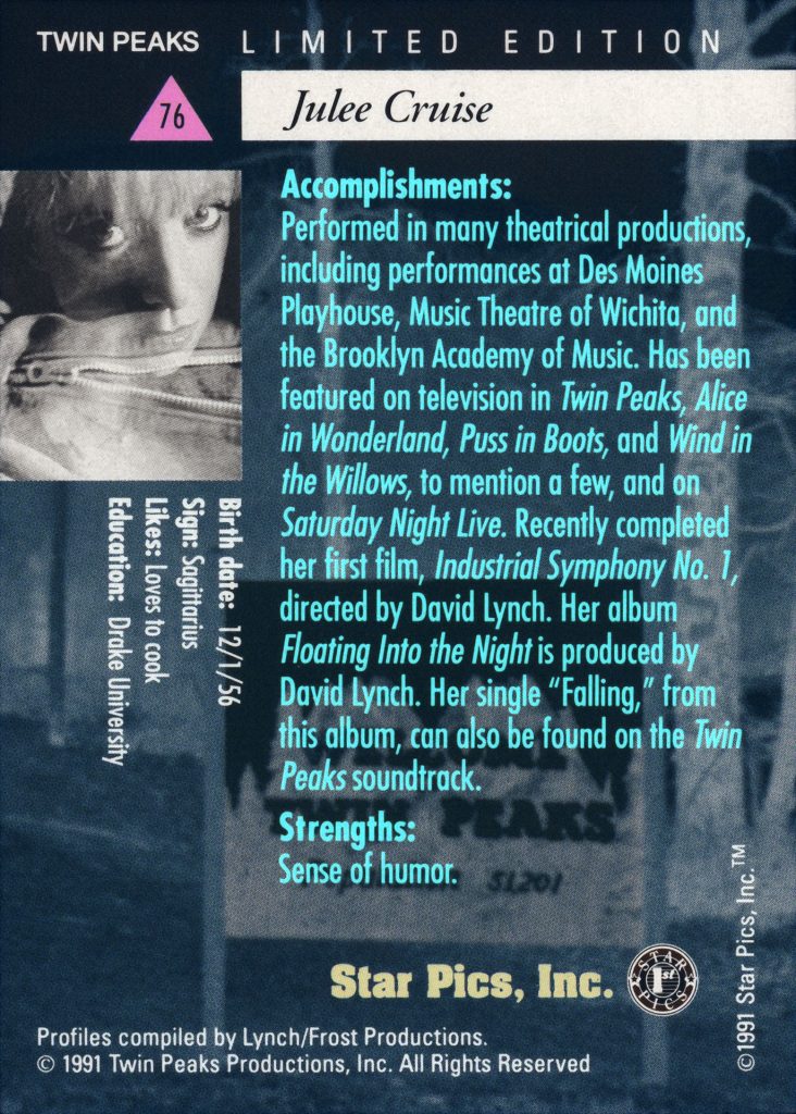 Inverted Back of Julee Cruise Star Pics trading card