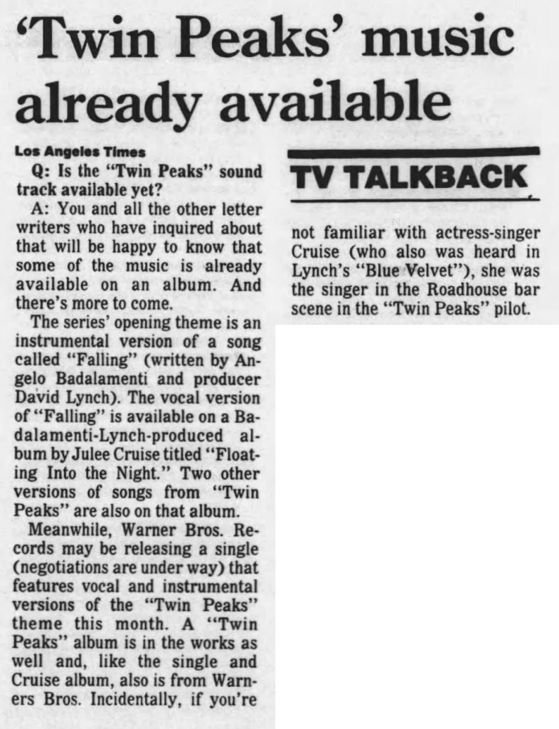 Newspaper article about Julee Cruise and Twin Peaks Music