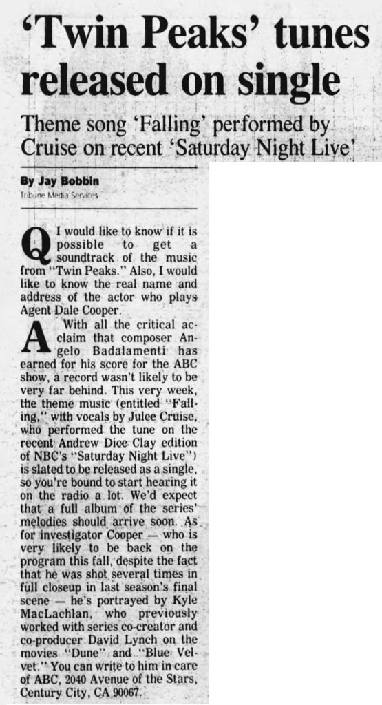 Newspaper article about Julee Cruise and Twin Peaks Music