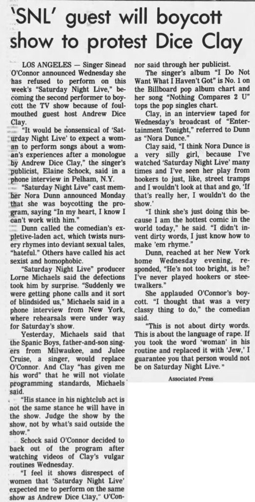 Newspaper article about Saturday Night Live