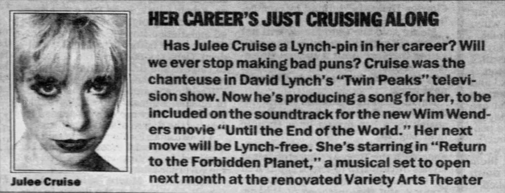 Daily News, Aug. 28, 1991 article about Julee Cruise