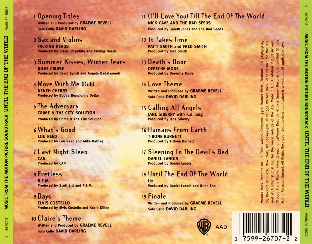 Back cover for the "Until the End of the World" soundtrack on CD