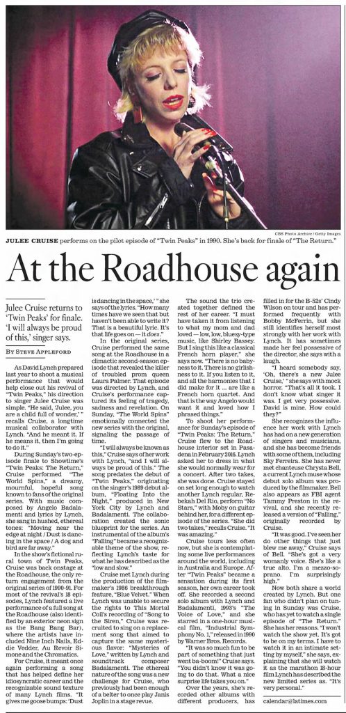 Newspaper article about Julee Cruise performing in The Roadhouse