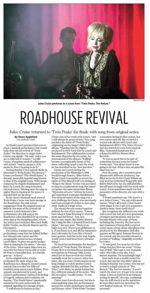 Newspaper article about Julee Cruise performing in The Roadhouse