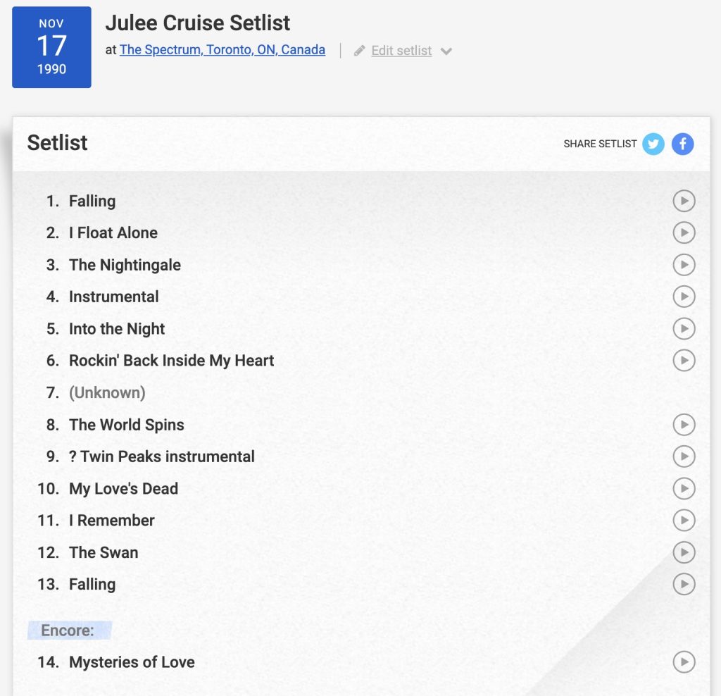 Set list for Julee Cruise