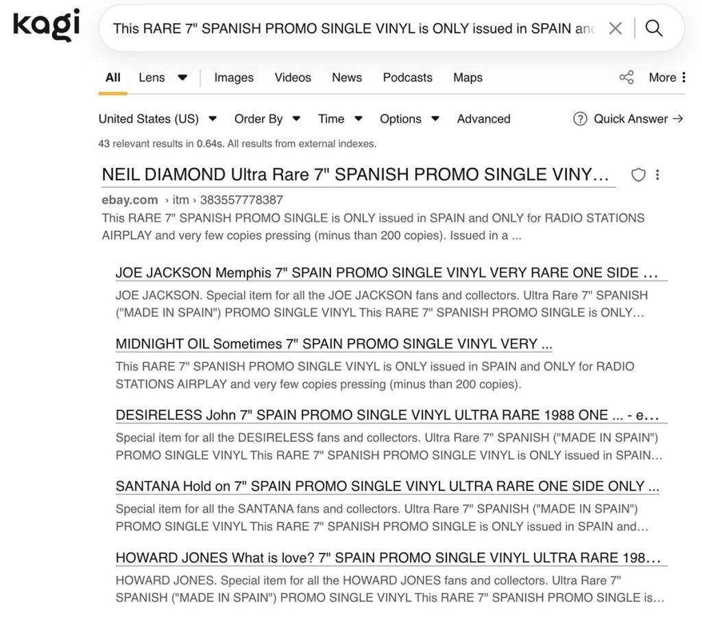 Kagi search results