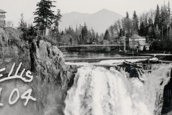Snoqualmie Falls Real Photo Postcard by Ellis – Number 104 Black and white photo of Snoqualmie Falls by J. Boyd Ellis