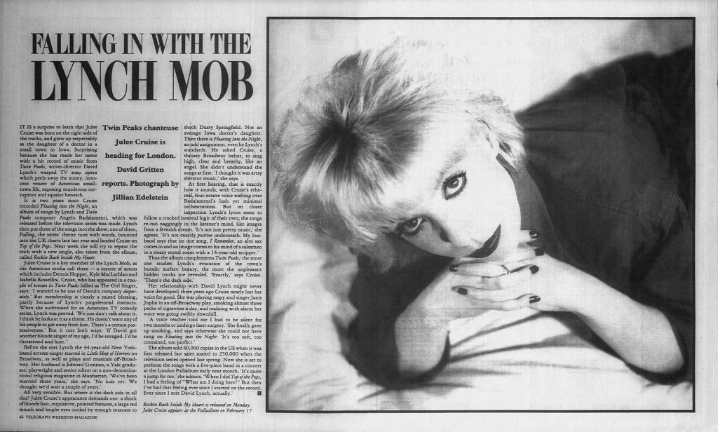 Black and white photo of Julee Cruise and article about her work