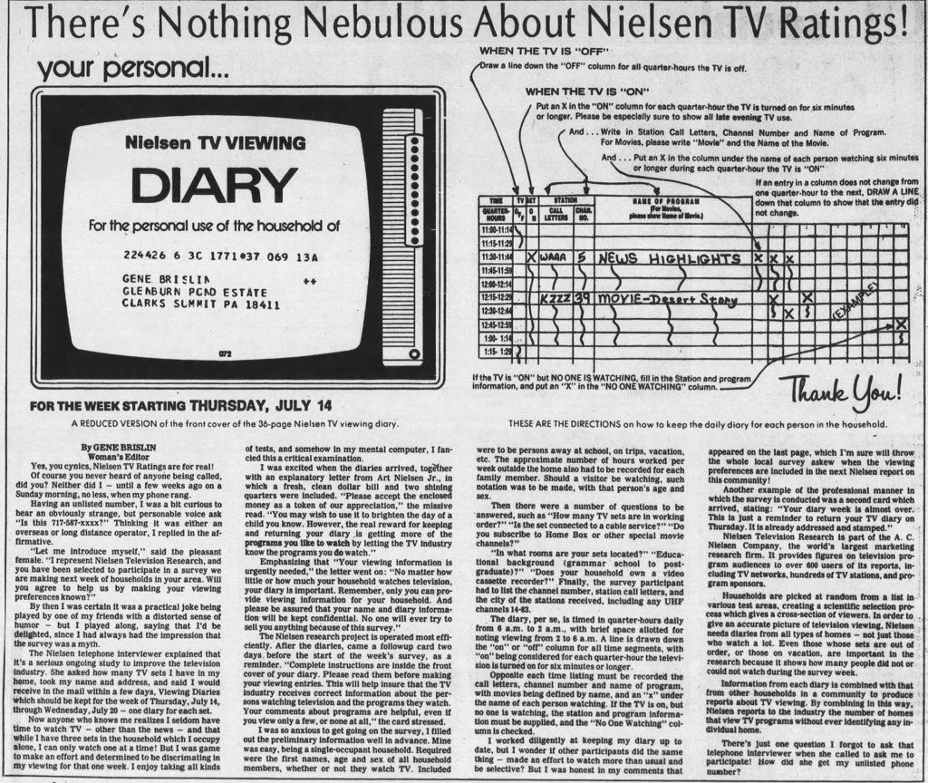 Article about Nielsen Paper TV Viewing Diary