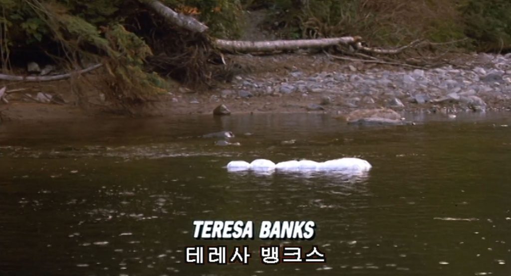 Teresa Banks floating in Wind River with Korean captioning