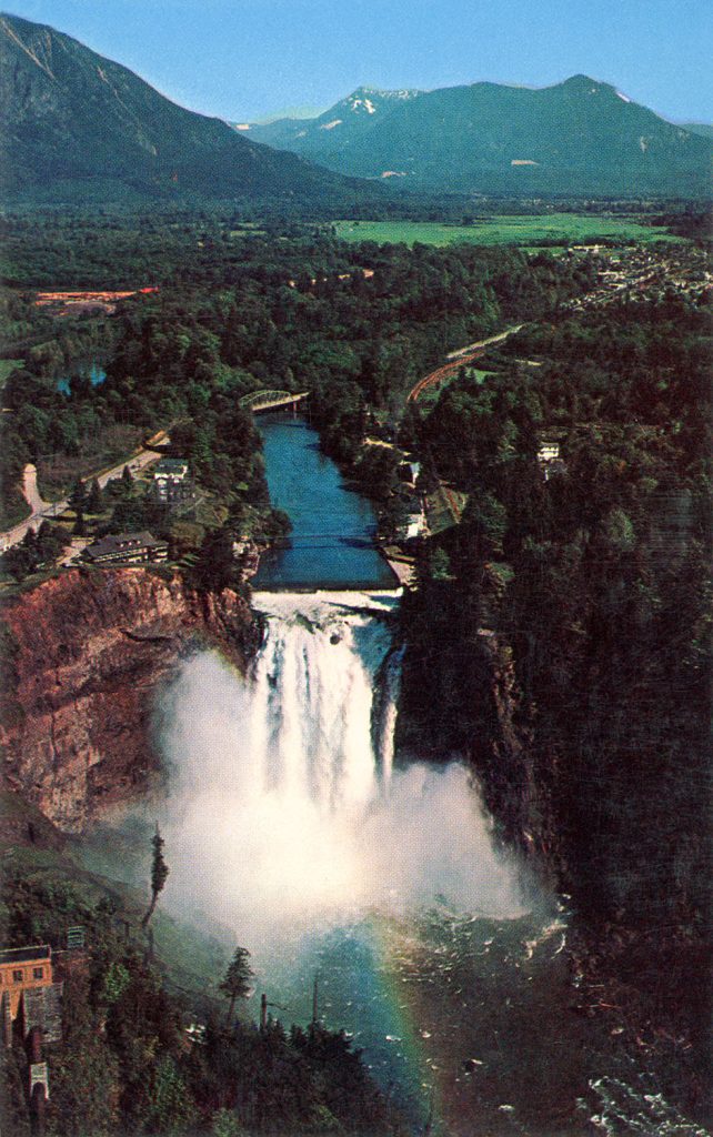 Snoqualmie Falls Postcard with an aerial image of the falls