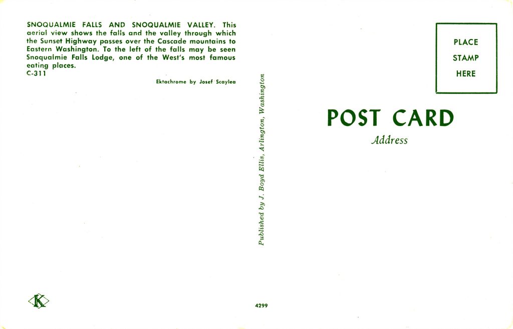 Back of Snoqualmie Falls and Snoqualmie Valley postcard - C-311