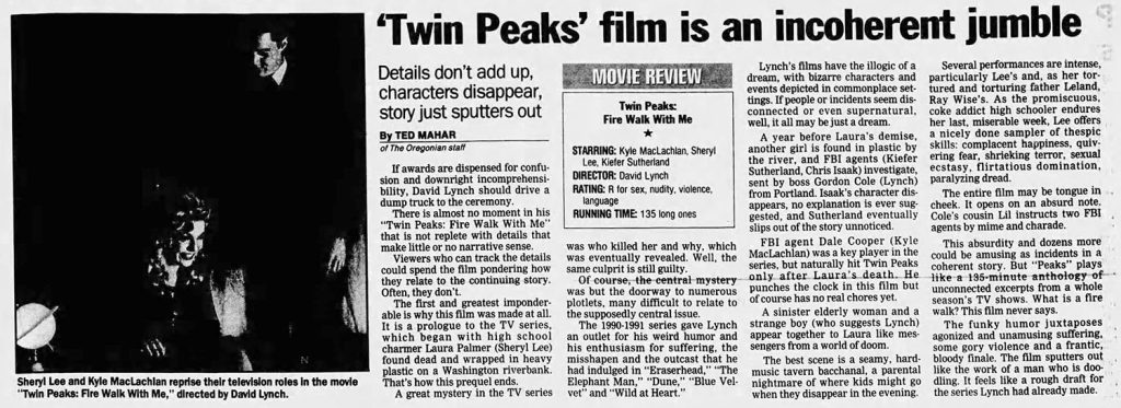 Newspaper article about Twin Peaks: Fire Walk With Me