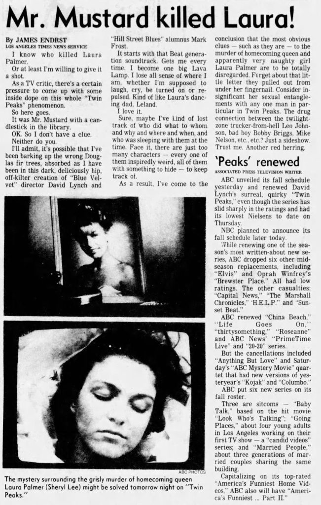 Newspaper article about Twin Peaks with images of Laura Palmer