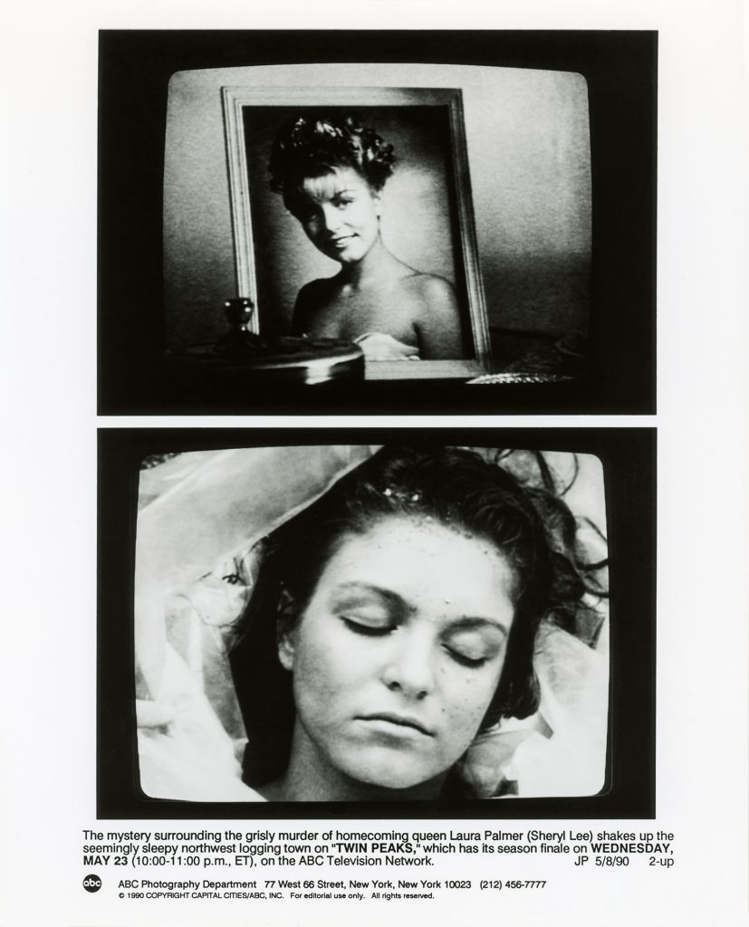 Two images of Laura Palmer in televisions presented in a publicity photo
