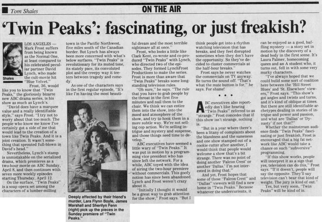 Newspaper article about Twin Peaks co-creator Mark Frost