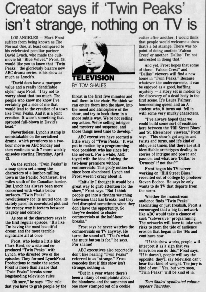 Tom Shales interview with Mark Frost About Twin Peaks