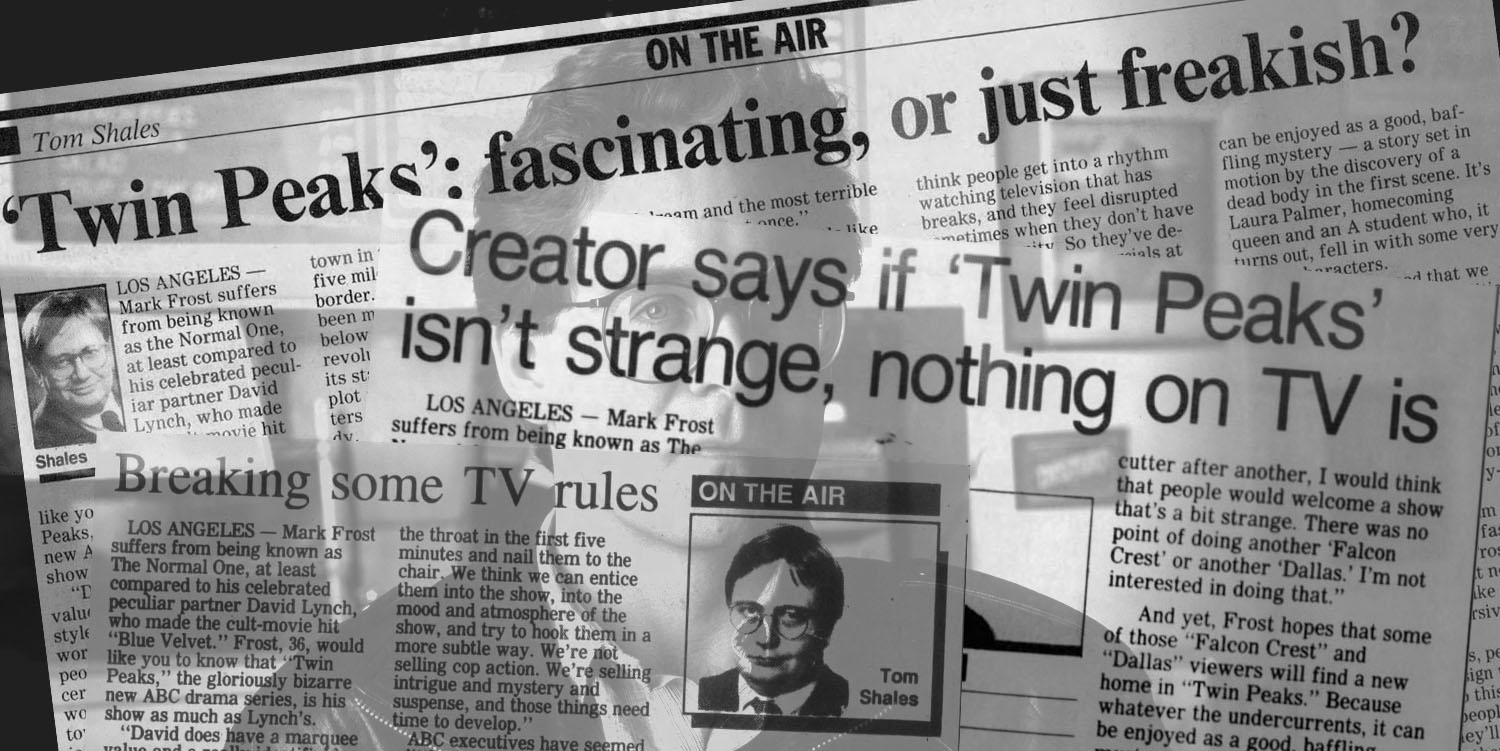 Newspaper articles with a ghosted image of Mark Frost