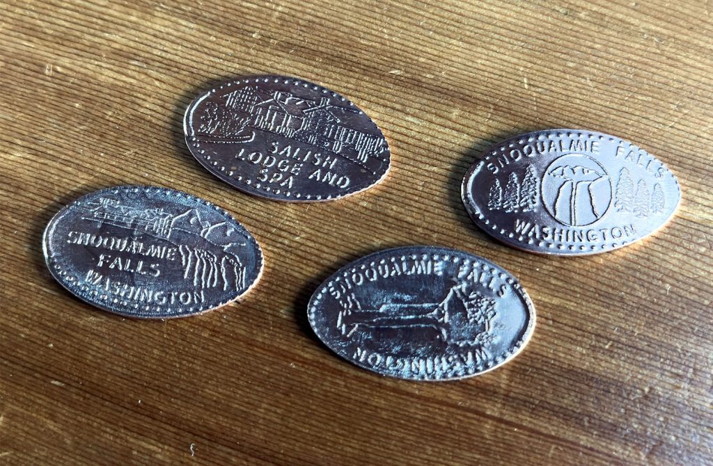 Four pressed pennies from Snoqualmie, Washington