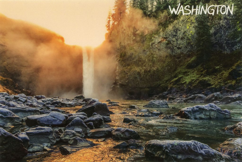 Front of a postcard featuring an image of Snoqualmie Falls in Washington at sunrise