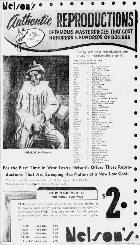 Newspaper ad for reprints of artwork