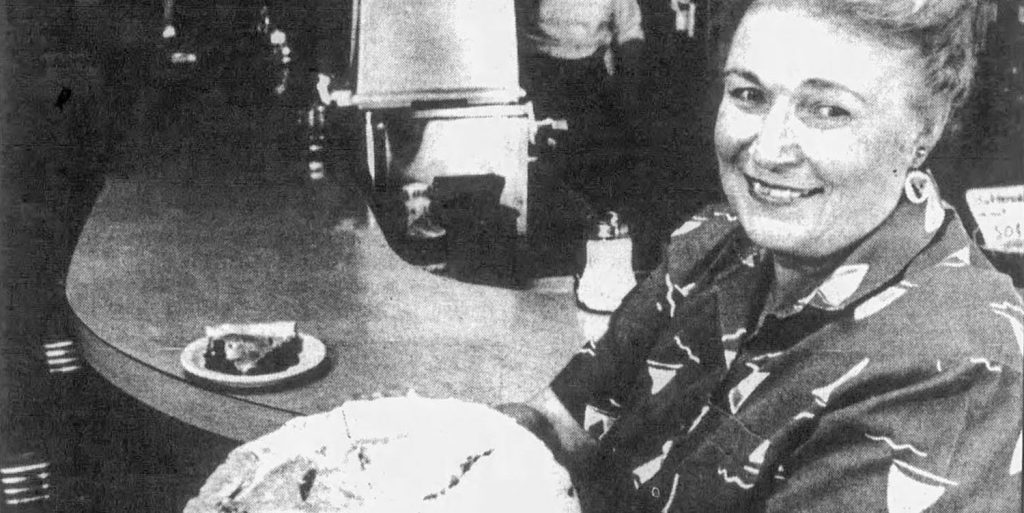 Pat Cokewell holding cherry pie