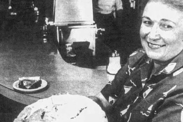 Pat Cokewell holding cherry pie