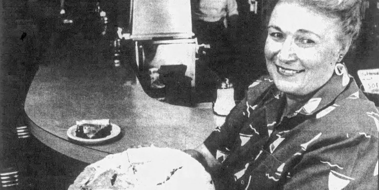 Pat Cokewell holding cherry pie