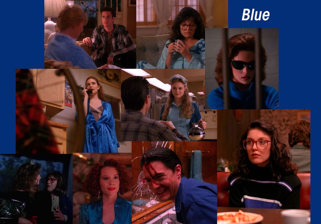 Image collage with characters in blue outfits