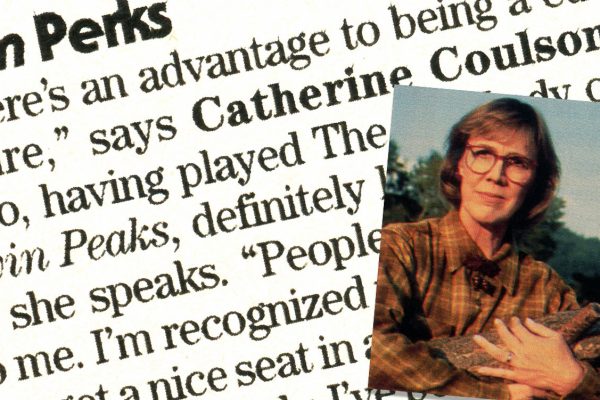 Catherine Coulson as The Log Lady against some text