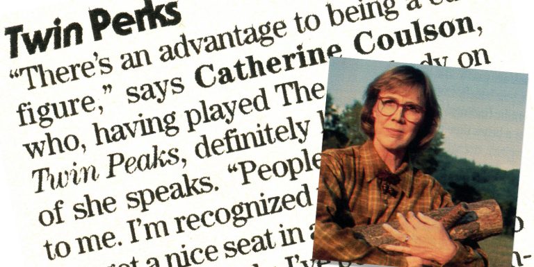 Catherine Coulson as The Log Lady against some text