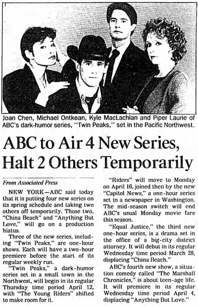 Newspaper article about Twin Peaks and ABC television shows