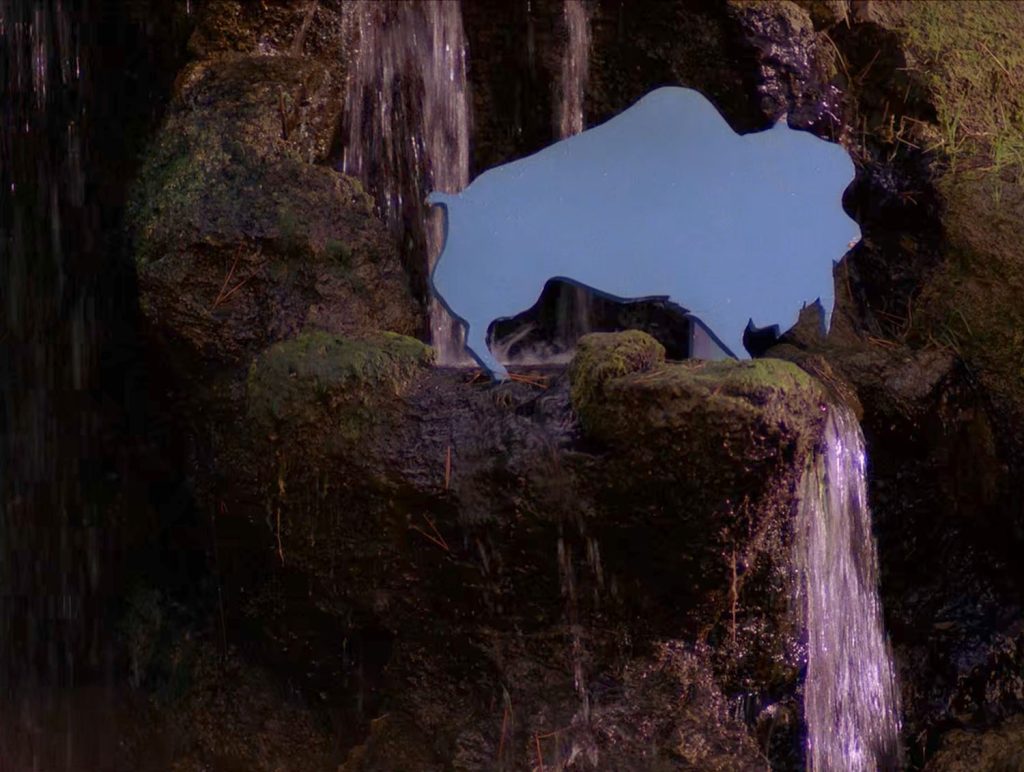 Blue buffalo cutout on rocks
