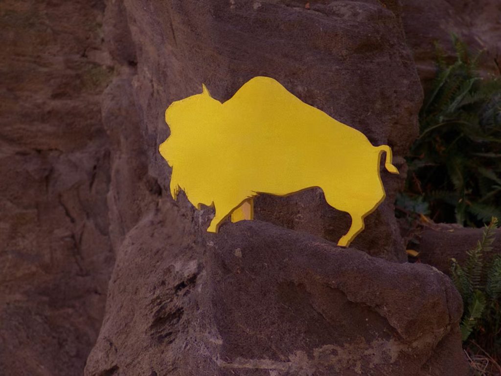 Yellow buffalo cutout on rocks