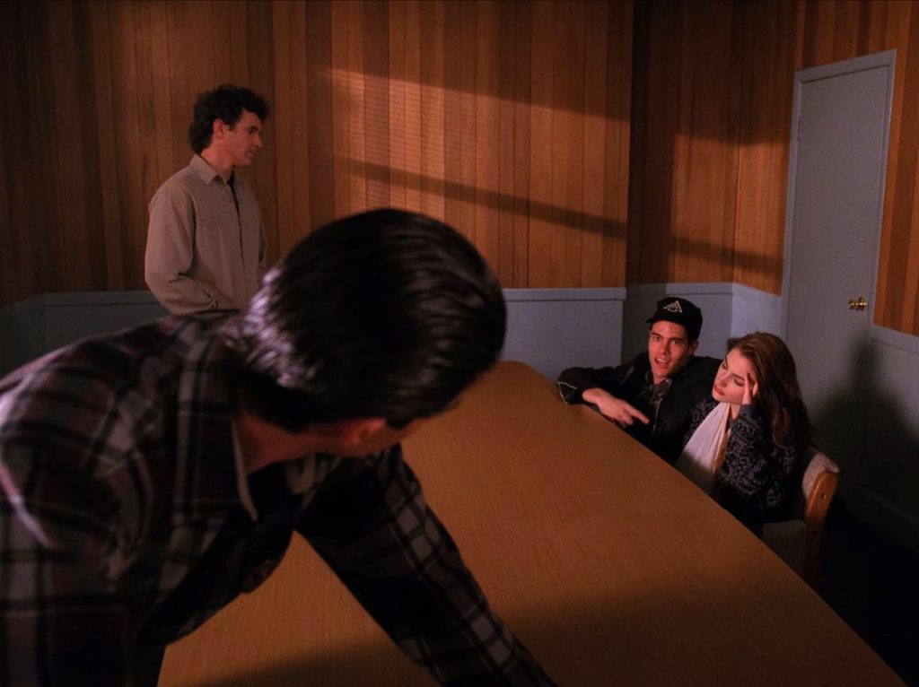 Truman and Cooper questioning Bobby Briggs and Shelly Johnson