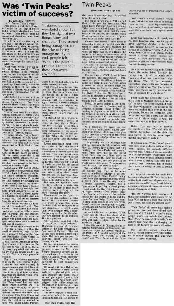 Newspaper article about Twin Peaks