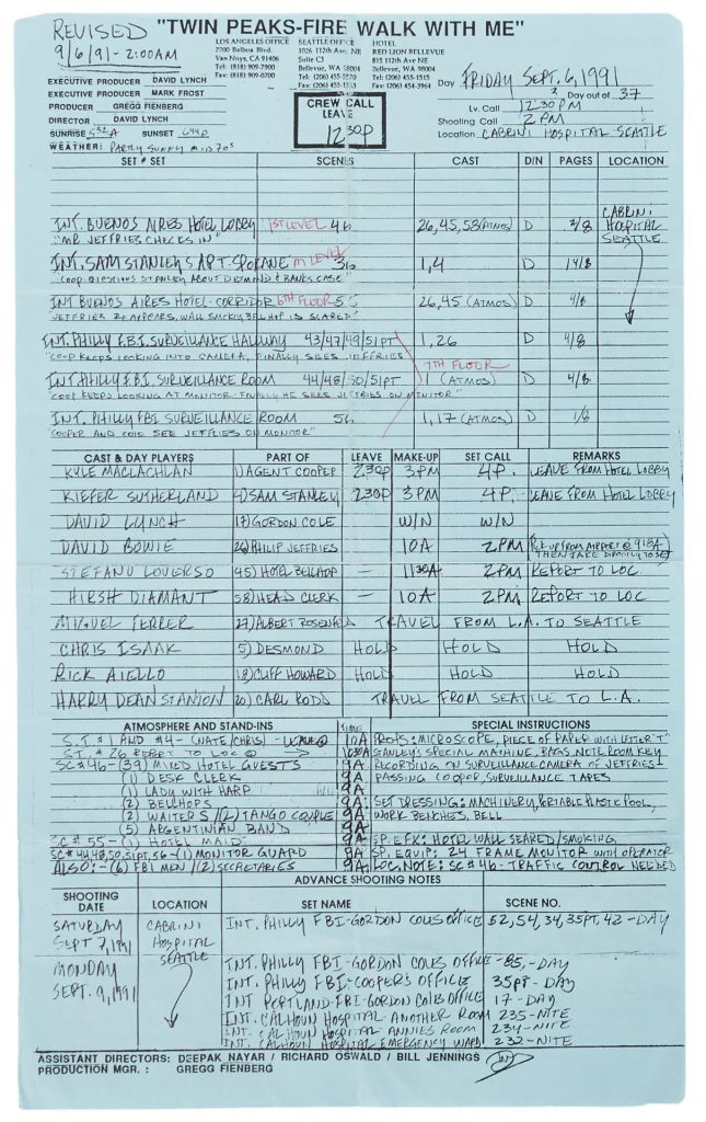 Call Sheet from Twin Peaks: Fire Walk With Me