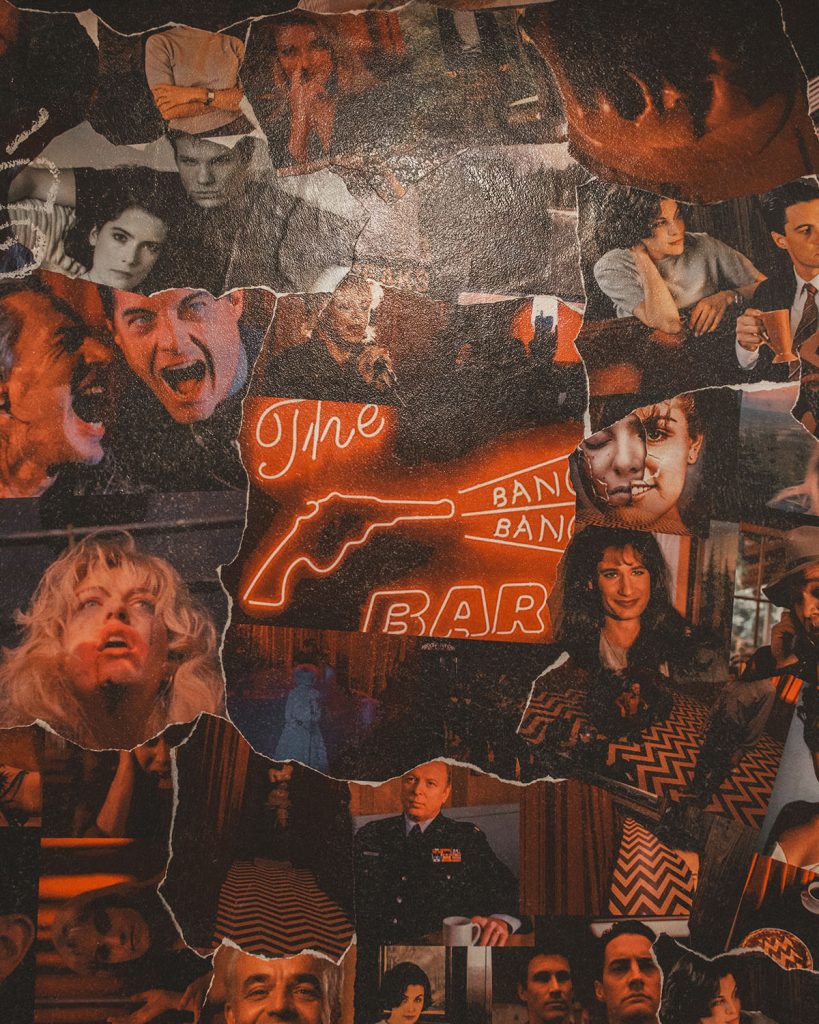 Collage of Twin Peaks images found in a bathroom at Hawethorne Hideaway
