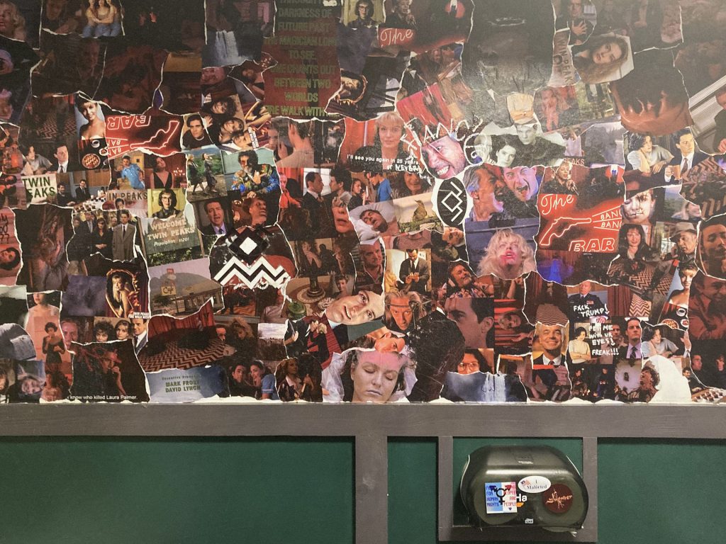 Collage of Twin Peaks images found in a bathroom at Hawethorne Hideaway
