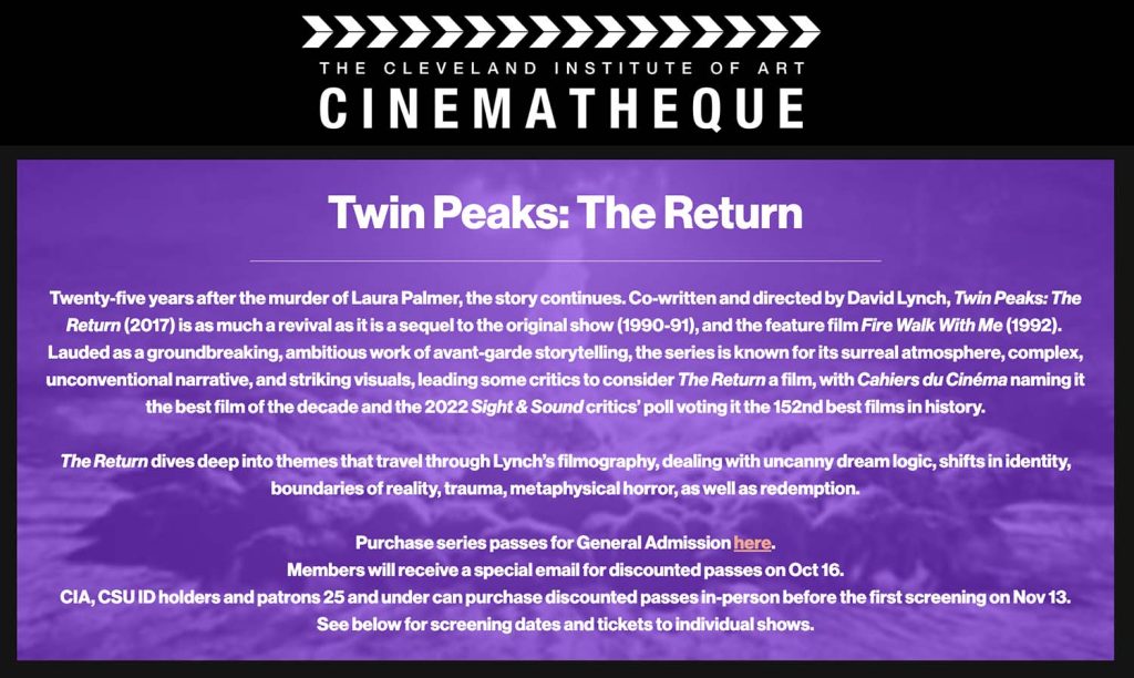 Cleveland Cinematheque page about Twin Peaks: the Return