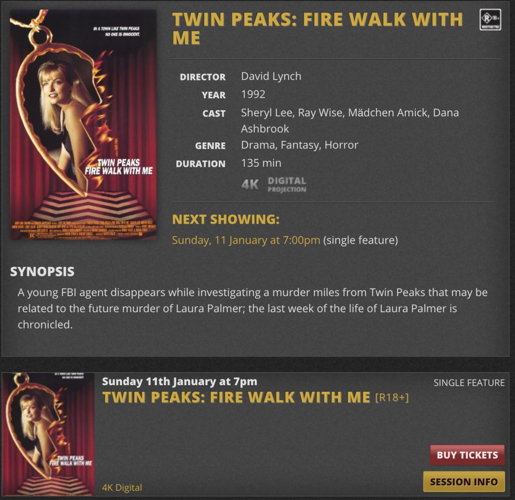 Twin Peaks: Fire Walk With Me page on the Astor
