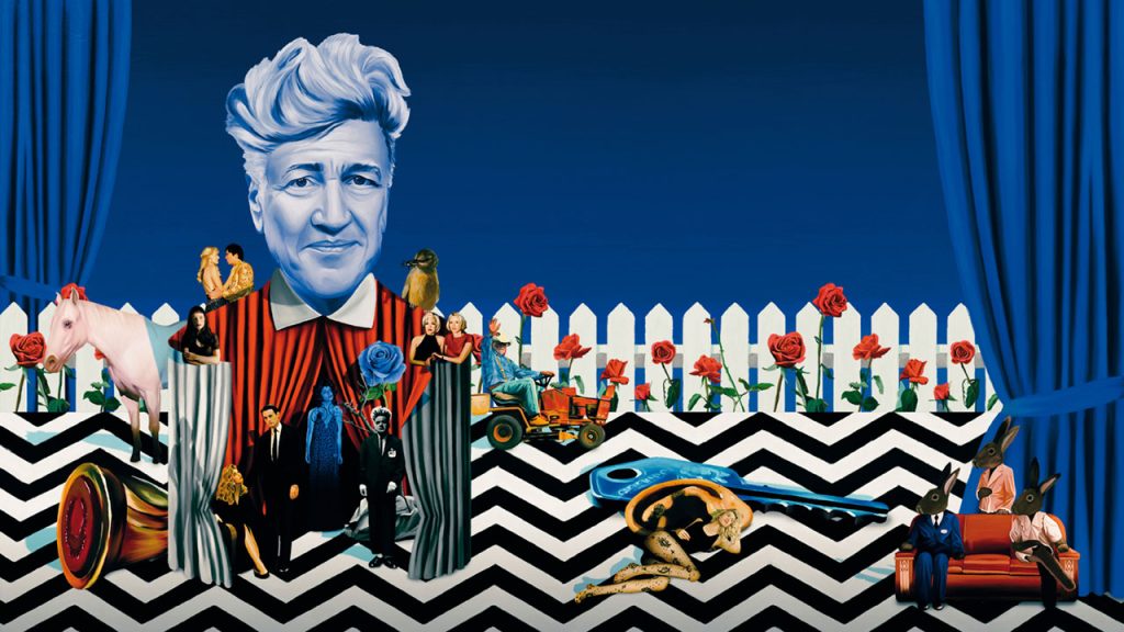 Banner image with David Lynch and characters and icons from his films