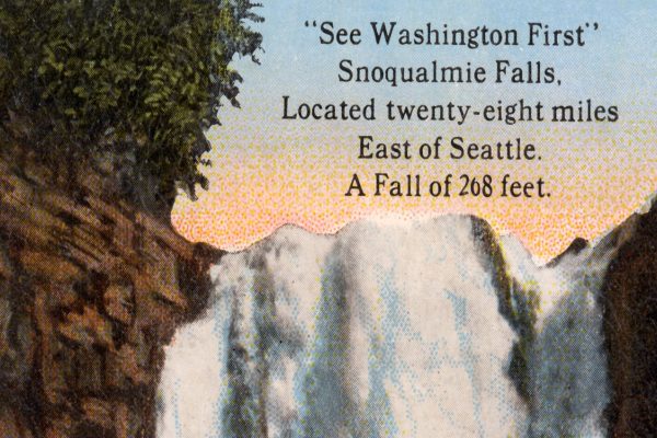 Top of Snoqualmie Falls on the front of a postcard