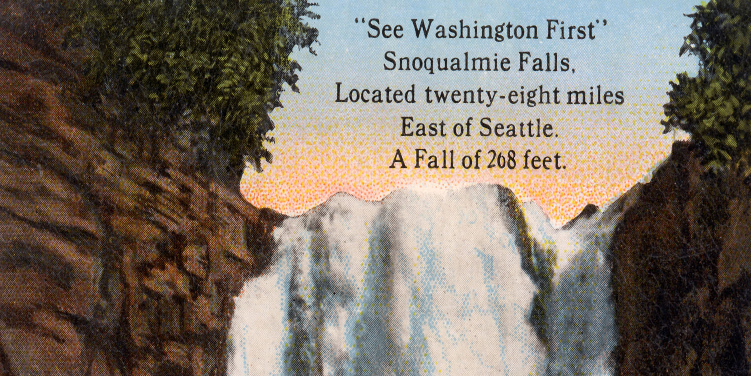 Top of Snoqualmie Falls on the front of a postcard