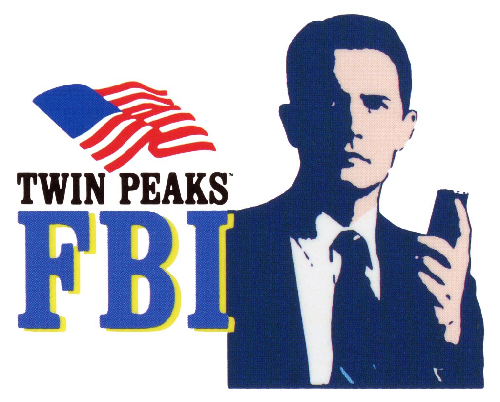 Dale Cooper holding a tape recorder with Twin Peaks FBI and an American Flag