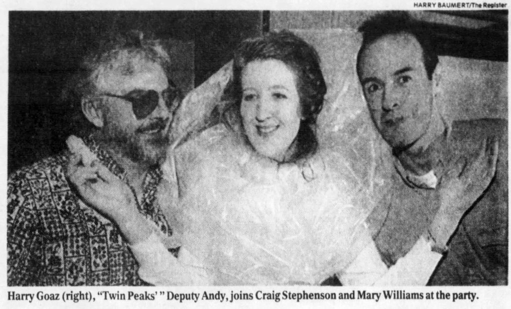 Harry Goaz (right), "Twin Peaks'" Deputy Andy, joins Craig Stephenson and Mary Williams at the party