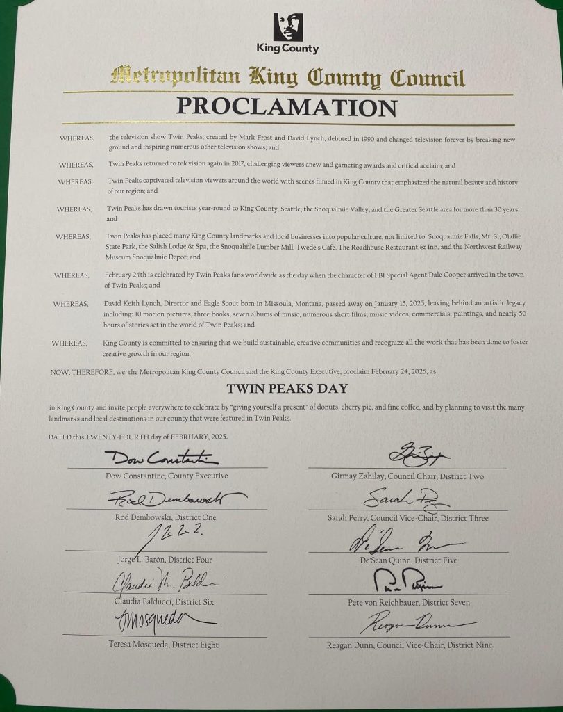 Twin Peaks Day Proclamation for King County
