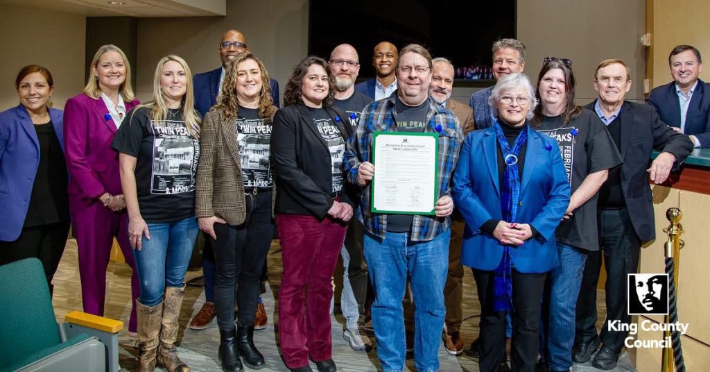 Karl Reinsch with many folks for the reading of the Twin Peaks Day proclamation for King County