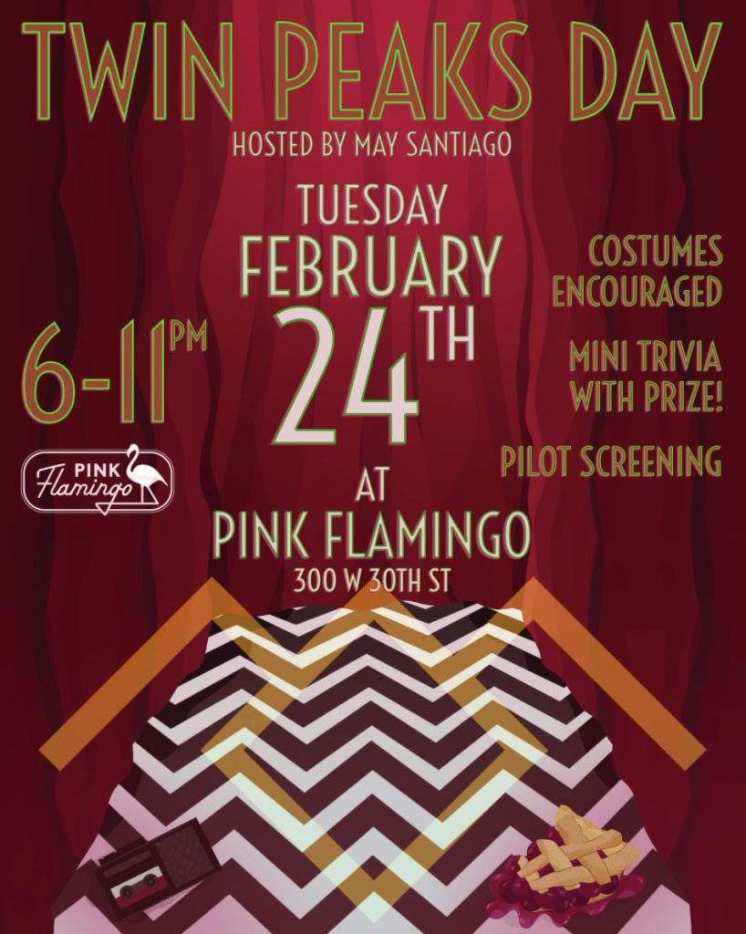 Advertisement for Twin Peaks Day party at Pink Flamingo